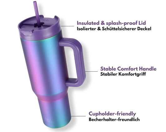 Milu Thermos Cup 1200ml with straw and handle - 48h ice/24h cold/12h hot Stainless Steel Tumbler 40oz with handle - Insulated cup to go - Insulated bottle drinking bottle double-walled insulated (Aurora, 1.2L)