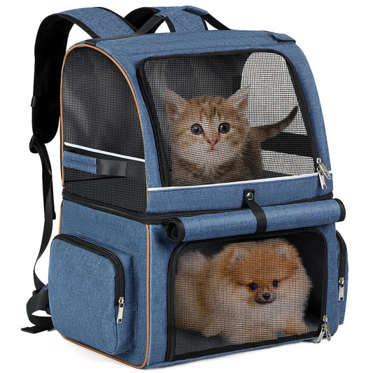 LekeSpring Double-Layered Cat Backpack for 2 Cats Large Cat Carrier Backpack Foldable Pet Backpack for Cats Dogs up to 11kg - Blue
