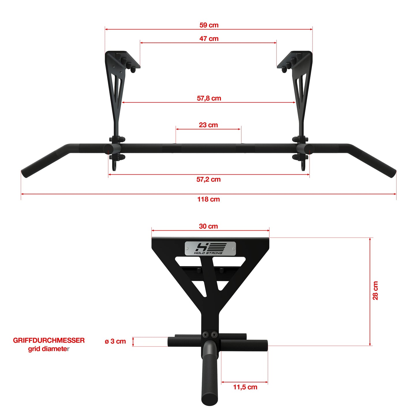 HOLD STRONG Fitness Pull-Up Bar for Ceiling Mount, HS-K-D6, Black, Studio Approved, 6 Non-Slip Grips, Pull Up Exercises & more, incl. E-Book & Mounting Material