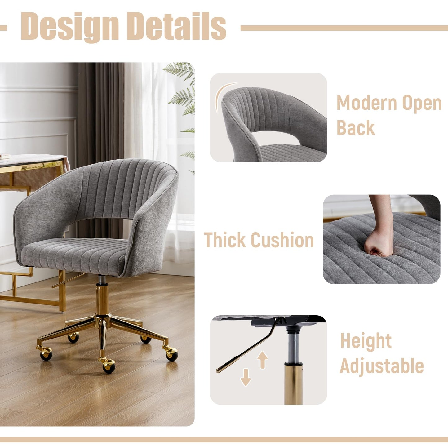 Wahson ergonomic office chair made of chenille Swivel chair with casters Desk chair Aesthetic with armrest for study/home office, Gray.