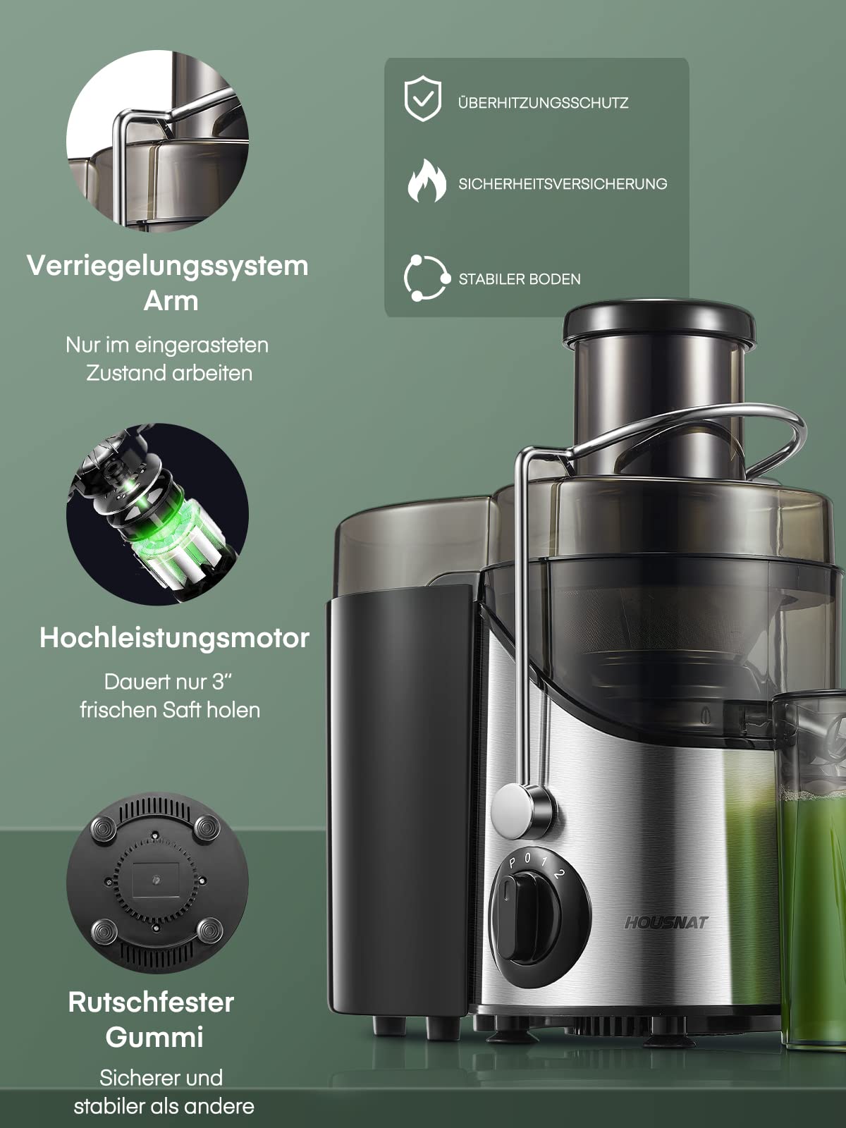 HOUSNAT Vegetable and Fruit Juicer, Max 800W Juicer Machine made of stainless steel with 3 speed levels, 65mm large mouth feed chute centrifugal juicer, easy to clean, BPA-free, 400W.