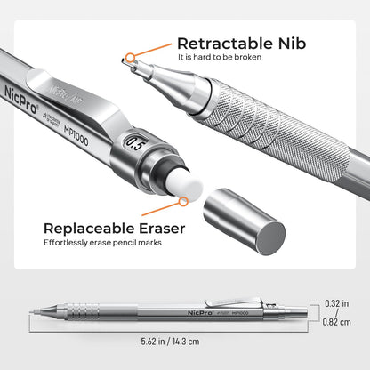 Nicpro 4 pieces mechanical pencils 0.5 mm and 0.7 mm with case, MP1000 metal artist pen set with 8 refill tubes, 3 erasers, for artistic writing, drawing, black and silver.