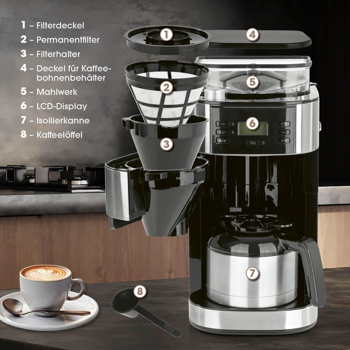 Barista coffee machine with adjustable grinder & thermal carafe | Keep warm function, 24h timer & permanent filter | Makes 10 cups of coffee | Compatible with beans & powder [Stainless steel]