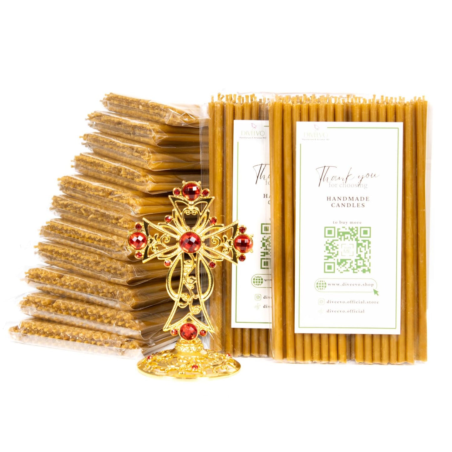 Diveevo Church Beeswax Candles №140 - Amber 350 pcs. I high-quality ritual candles L-16 cm Ø-5.0 mm I 30 min burning time in honey yellow I 1 kg thin candles drip- and smoke-free.