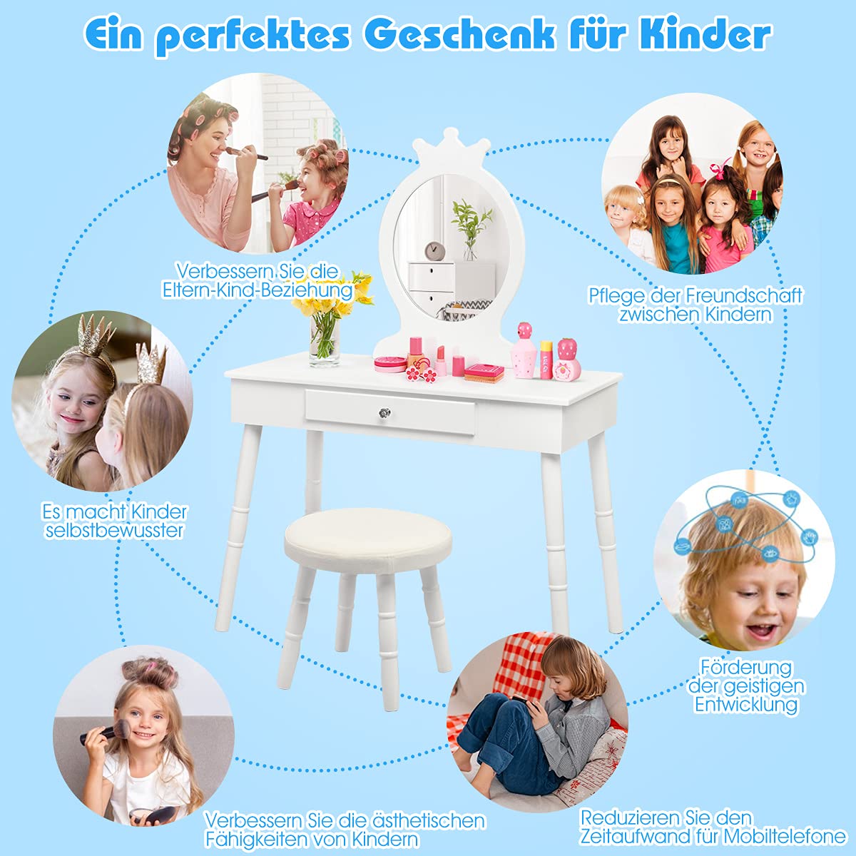 GOPLUS Kids Vanity Set with Stool, Girls Dressing Table with Mirror, Children's Cosmetic Table with Drawer, Wooden Makeup Dresser for Kids' Room (White)