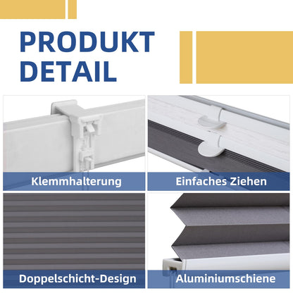Sekey Pleated Double Pleated Day+Night Blackout without drilling clamped light protection, clamp fix, 55x100cm White and Grey