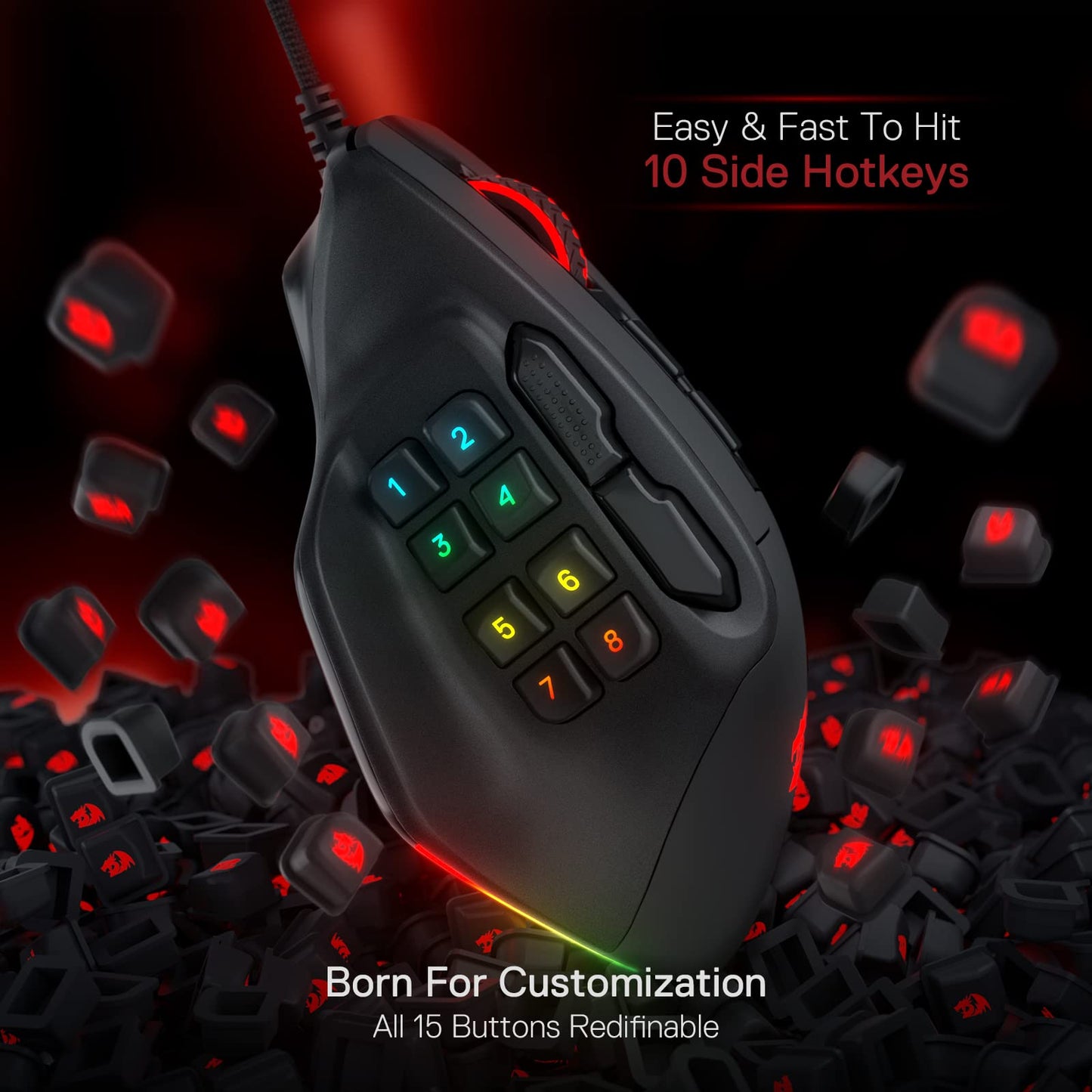 Redragon M811 Aatrox MMO Gaming Mouse, 15 programmable buttons wired RGB mouse with ergonomic grip, 10 side macro keys, software support & backlighting.