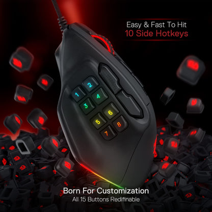 Redragon M811 Aatrox MMO Gaming Mouse, 15 programmable buttons wired RGB mouse with ergonomic grip, 10 side macro keys, software support & backlighting.