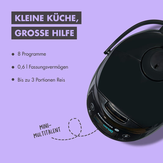 REISHUNGER Digital Rice Cooker small, black | 0.6 L for 3 people | Keep warm function, timer & premium pot | Small multi-cooker & steamer, 8 programs, 7-phase technology