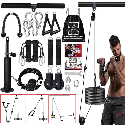 Taeku Cable Pulley Fitness, Upgraded Weight Cable System for LAT Pull Down Biceps Curl Triceps Arm Training Weight Plate System Accessories for DIY Gym (3 Cables + 3 Handles)