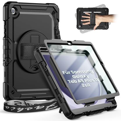 timecity case for Samsung Galaxy Tab A9+ / A9 Plus 11 inch 2023, Shockproof Robust Galaxy Tab A9 Plus case with screen protector, 360° Rotatable Stand, Hand Strap, Shoulder Strap, Pencil Holder, Black