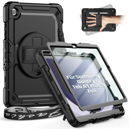 timecity case for Samsung Galaxy Tab A9+ / A9 Plus 11 inch 2023, Shockproof Robust Galaxy Tab A9 Plus case with screen protector, 360° Rotatable Stand, Hand Strap, Shoulder Strap, Pencil Holder, Black