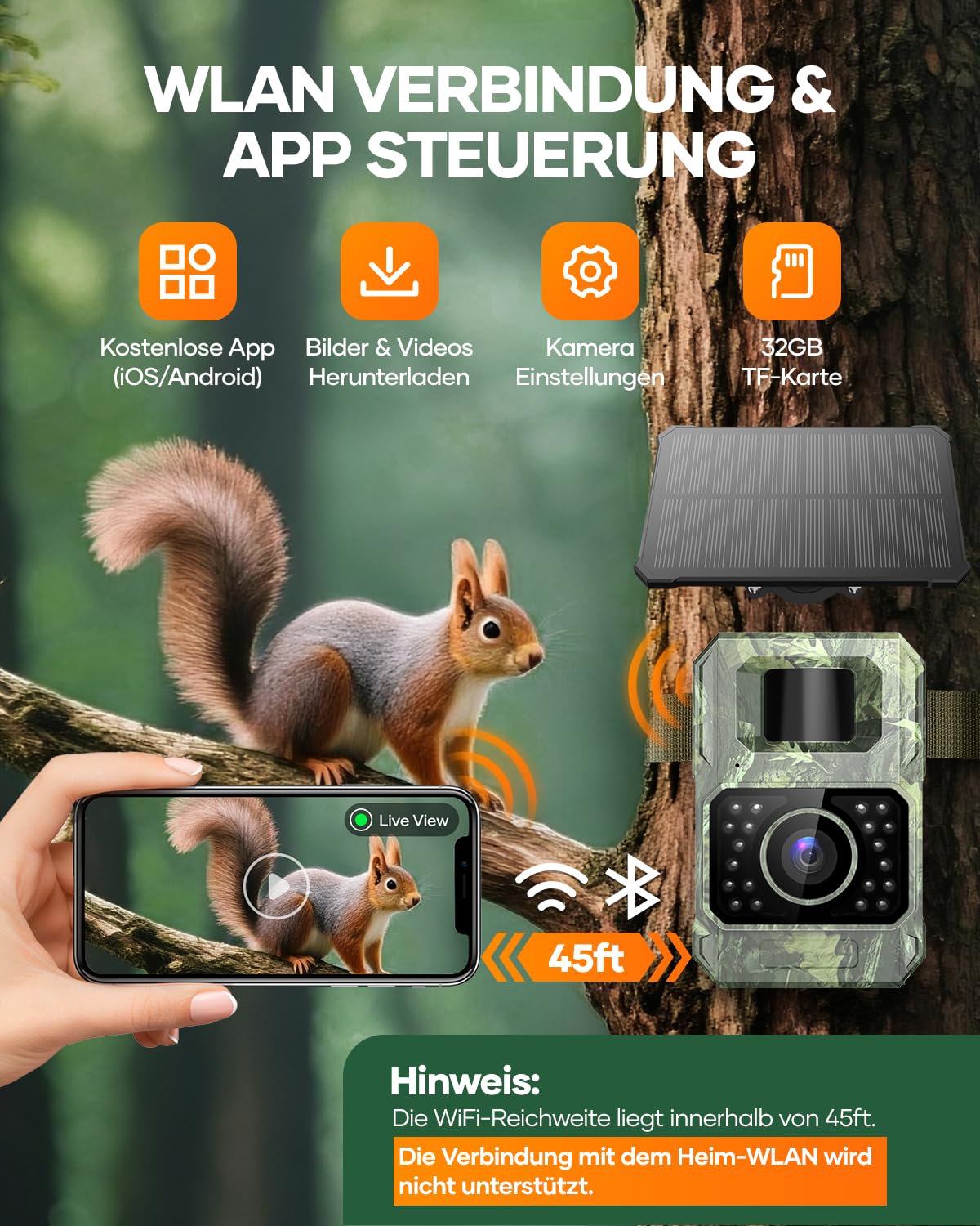 Assark trail camera with phone transmission app, 48MP 30fps WIFI solar trail camera with motion sensor night vision, rechargeable 2000mAh lithium battery, 0.2s trigger, IP66 waterproof.