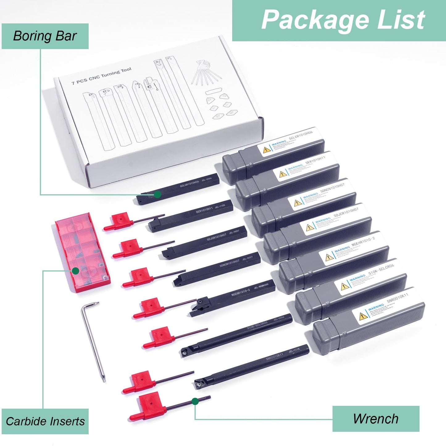 21 piece indexable turning tool set with boring bar, turning tool, and turning tool holder. Includes 7 turning tool holders, 7 carbide inserts, and 7 wrenches (10 mm).