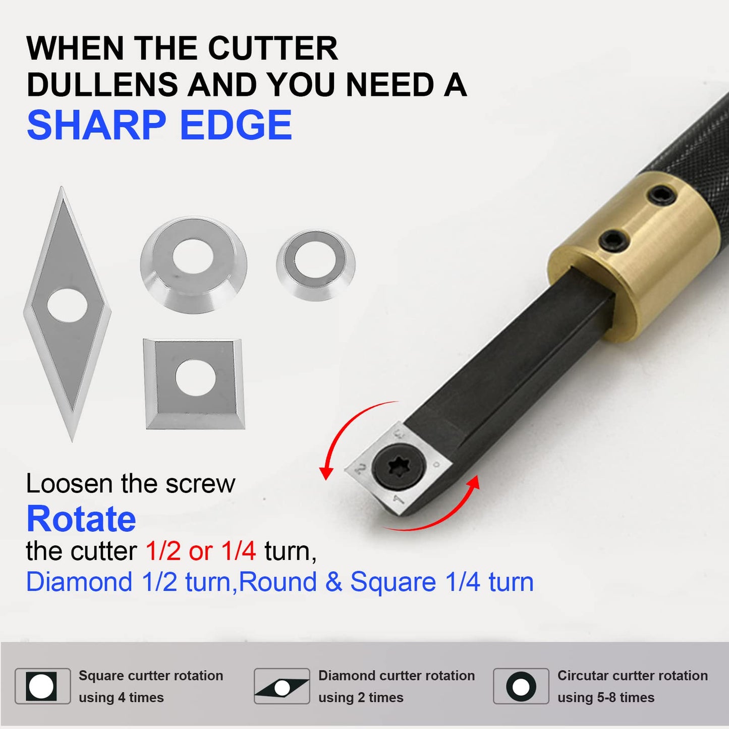 Carbide insert set for turning tools, 8 pieces CNC carbide insert cutter for wood lathe tool with M4 screws, carbide inserts (square, round, diamond)