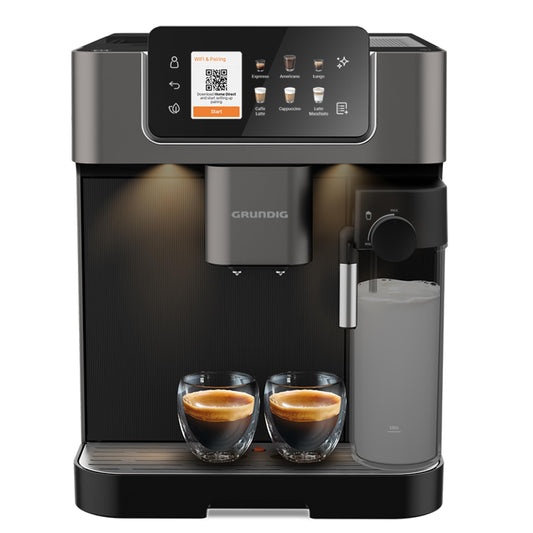 Grundig KVA 8230 fully automatic coffee machine, 18 coffee specialties, 13 grind settings, milk container, powerful 1350 W, 19 bar pump pressure, dual nozzle, lighting, black/dark silver.