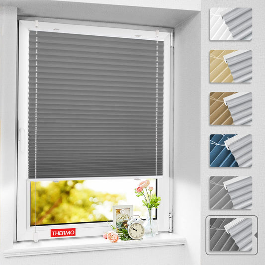 BelleMax pleated blind without drilling, blackout thermal pleated blind with clamp fixing, gray 100x130cm (WxH), blackout pleated blind 100% lightproof for windows, opaque privacy sun protection