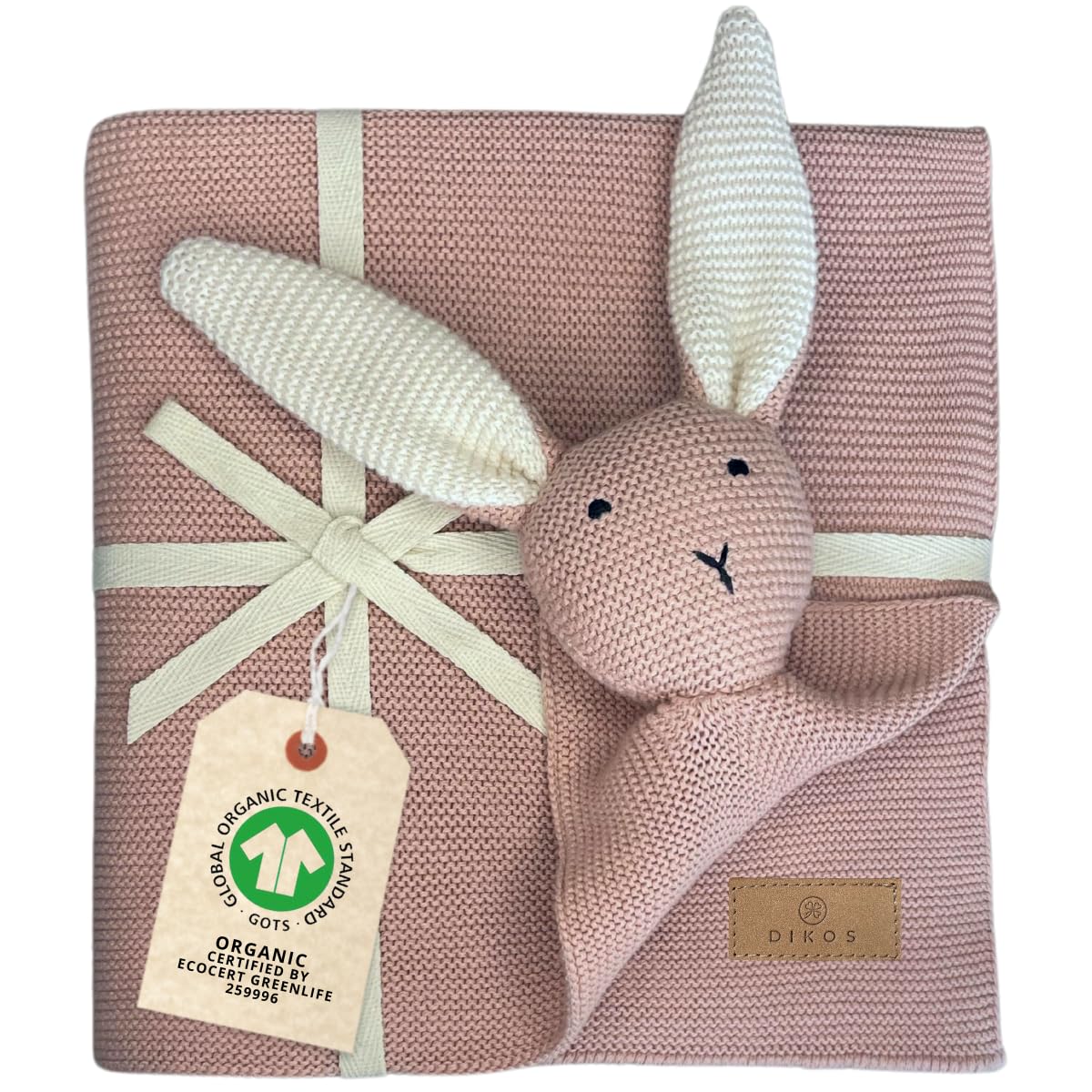 DIKOS Original 2-in-1 Baby Blanket & Snuggle Bunny (Blush) – a lovely gift for newborns made from soft organic cotton (GOTS) – perfect as baby girl's first cuddly toy at birth