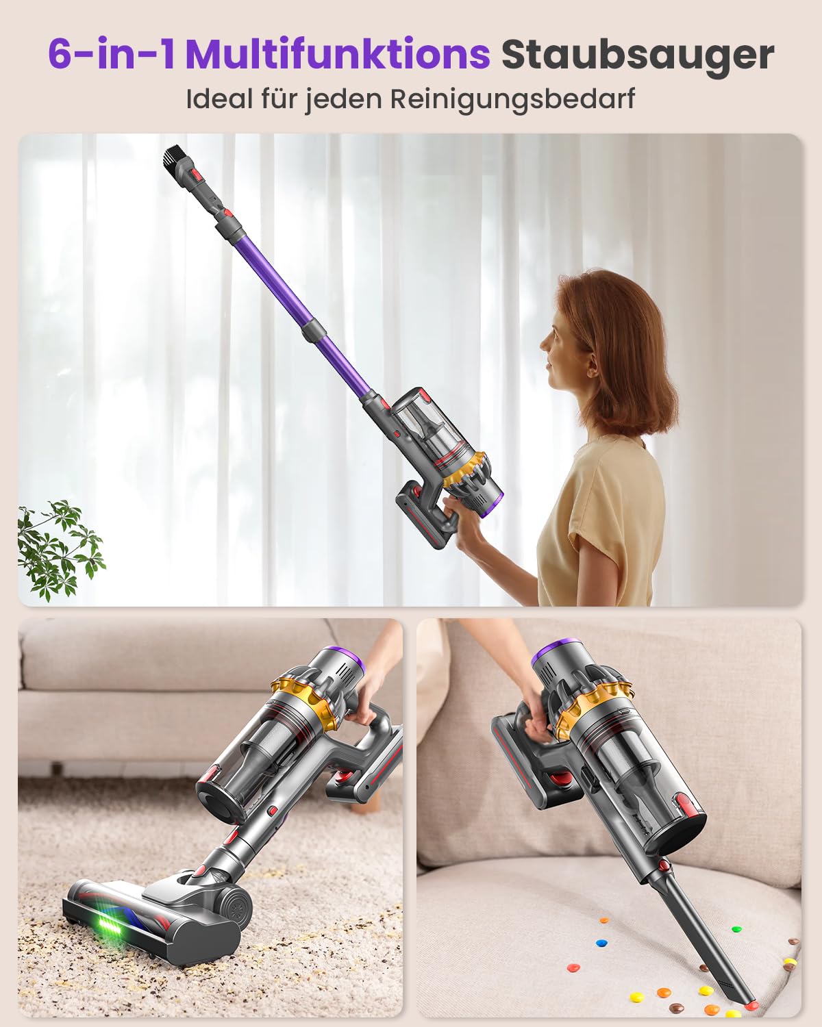 45000Pa battery-powered vacuum cleaner, 550W/70min ultra-quiet cordless vacuum with LED display, improved V-shaped anti-tangle floor brush, 6-in-1 vacuum for pet hair, carpet, hard floors.