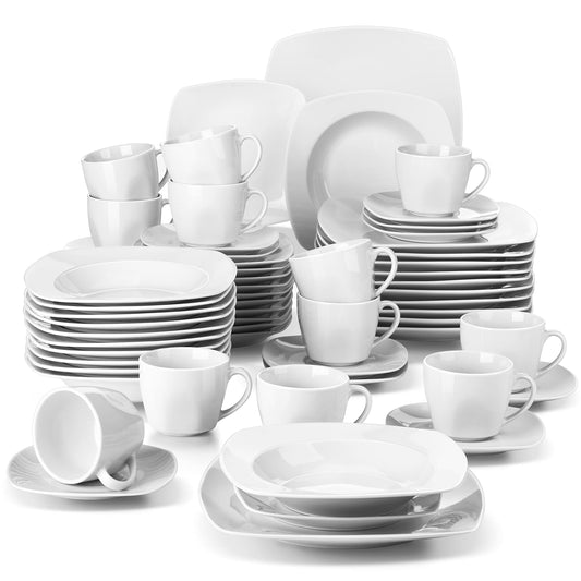 MALACASA, Julia series, tableware set for 12 people, 60 pieces porcelain dinnerware set. Includes dinner plates, dessert plates, soup plates, coffee cups, and saucers, 12 pieces each.