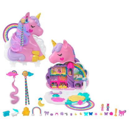 Polly Pocket HMX18 - Mini toy, Rainbow Unicorn Salon Styling Head and Compact Playset with 2 small dolls, 25 accessories, and movable game elements. Dolls toy for ages 4 and up.