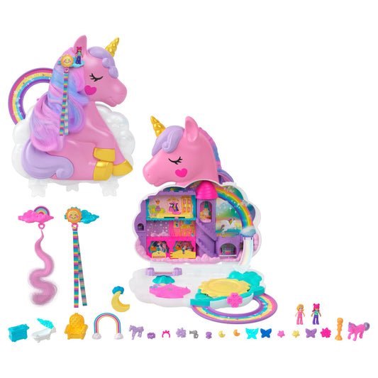 Polly Pocket HMX18 - Mini toy, Rainbow Unicorn Salon Styling Head and Compact Playset with 2 small dolls, 25 accessories, and movable game elements. Dolls toy for ages 4 and up.