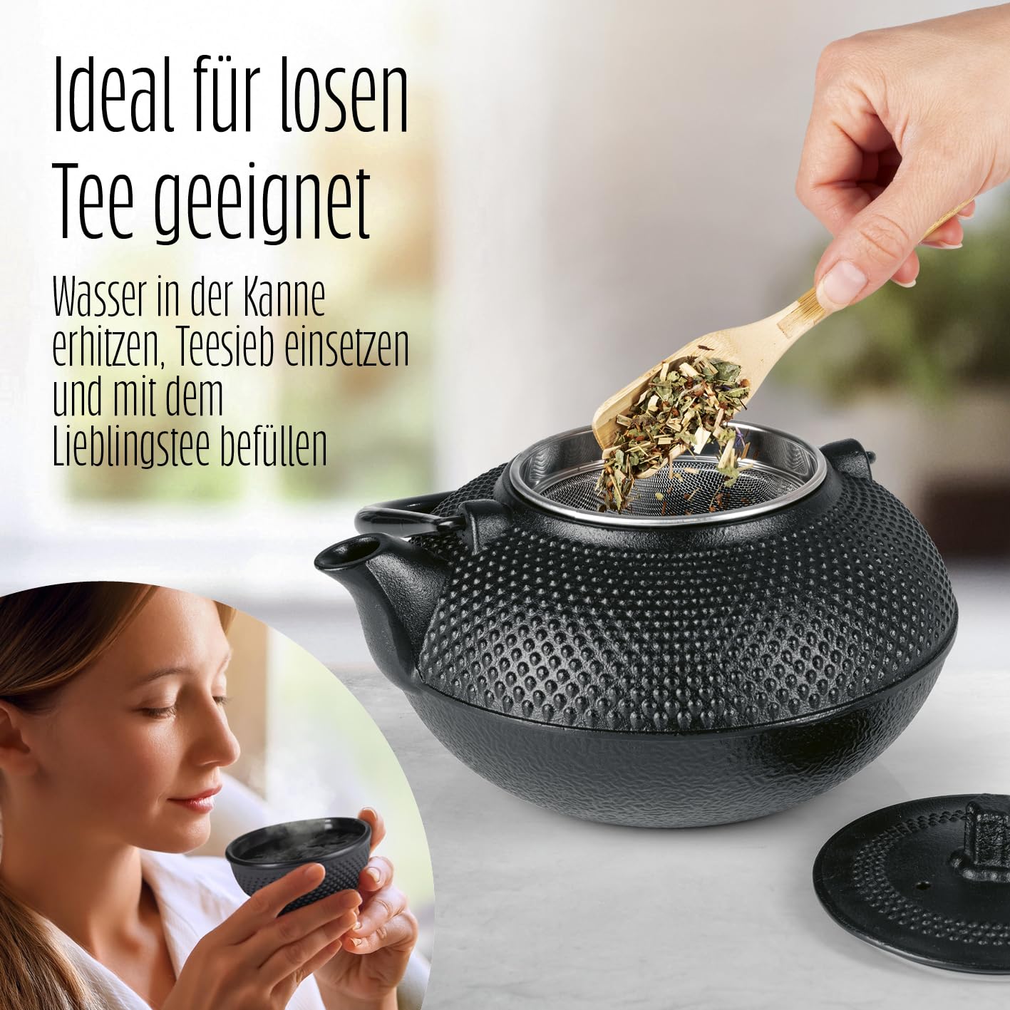 Lumaland 12-piece tea set | 1.4 liter cast iron teapot Tetsubin | cast iron warmer | 4 tea cups & 4 coasters | Japanese tea set includes bamboo measuring spoon & stainless steel sieve