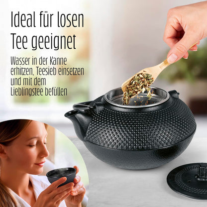 Lumaland 12-piece tea set | 1.4 liter cast iron teapot Tetsubin | cast iron warmer | 4 tea cups & 4 coasters | Japanese tea set includes bamboo measuring spoon & stainless steel sieve