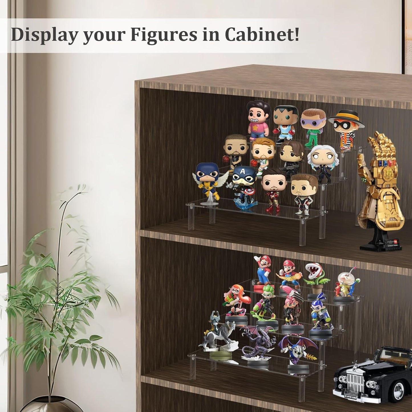 Acrylic riser display shelf stand for Amiibo Funko Pops figures, tabletop clear acrylic organizer for nail polish spices cosmetics art crafts jewelry stand cupcake buffets dessert model 3 pack