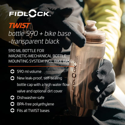 Fidlock TWIST bottle 590 + bike base - 590 ml bike water bottle with magnetic-mechanical bottle holder system, incl. holder, BPA-free & dishwasher safe, color Smoke