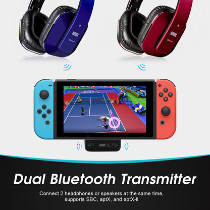 Dual Bluetooth Transmitter aptX LL - August MR410B - Type C adapter compatible with Switch, Android phones and tablets, MacBook, Surface - Includes pass-through and USB-C to USB adapter.