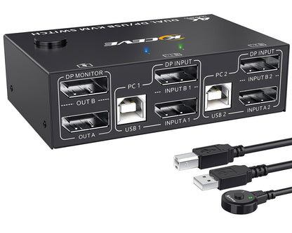 YOUTINGHDAV KVM Switch 2 PC 2 Monitors Displayport 1.4, USB KVM Switch Dual Monitor Displayport 4K@144Hz for sharing 2 PC, 4 USB devices keyboard, mouse, with Wired Remote and cables.