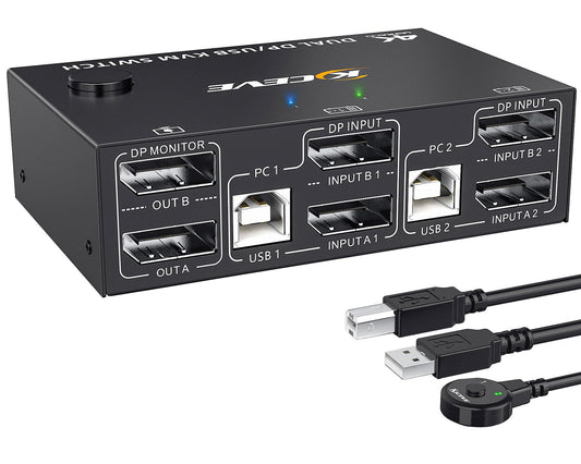 YOUTINGHDAV KVM Switch 2 PC 2 Monitors Displayport 1.4, USB KVM Switch Dual Monitor Displayport 4K@144Hz for sharing 2 PC, 4 USB devices keyboard, mouse, with Wired Remote and cables.