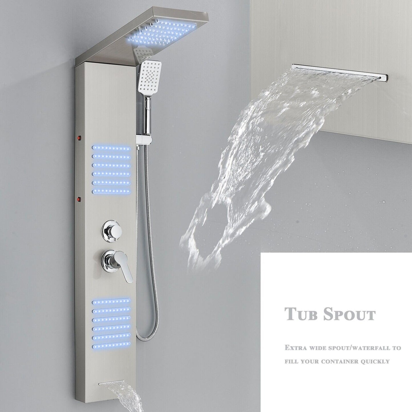 Shower panel with faucet, rain shower, bathtub faucet, shower column, shower system, shower set, brushed nickel LED stainless steel 304 with 4 shower functions.