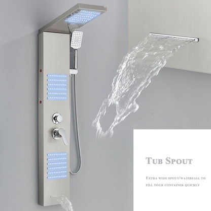 Shower panel with faucet, rain shower, bathtub faucet, shower column, shower system, shower set, brushed nickel LED stainless steel 304 with 4 shower functions.