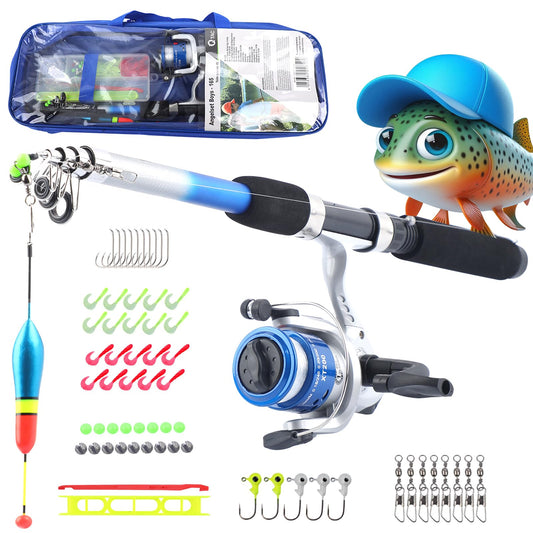 Q-Tac - Kids Fishing Set [Fully assembled & spooled reel] For kids 4 years and up, fishing rod 165 cm, complete Blue Fishing Set