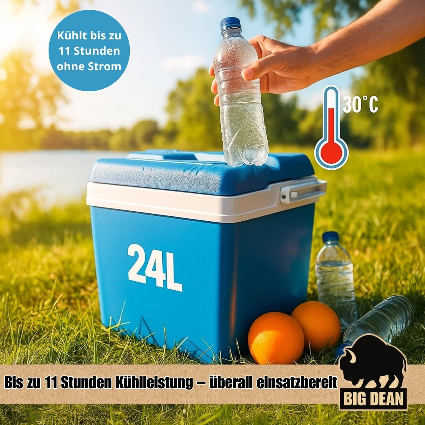 Cooler box including 12 cooling packs. 24-liter cooler box with battery for up to 11 hours of cooling.