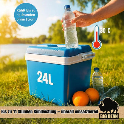 Cooler box including 12 cooling packs. 24-liter cooler box with battery for up to 11 hours of cooling.