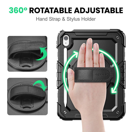 SEYMAC Case for iPad (A16) 11th/10th Generation 11/10.9 inch 2025/2022, Shockproof iPad 11th Generation Case with Screen Protector, 360° Rotatable Stand/Hand Strap, Shoulder Strap, Pencil Holder, Black