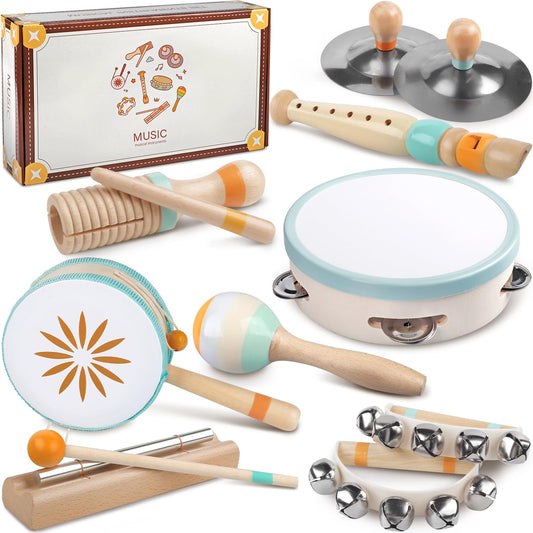 Baby music instruments - Montessori music toys for toddlers, wooden percussion instrument set, music toys in neutral colors for children aged 3 and up, birthday gifts for preschoolers.
