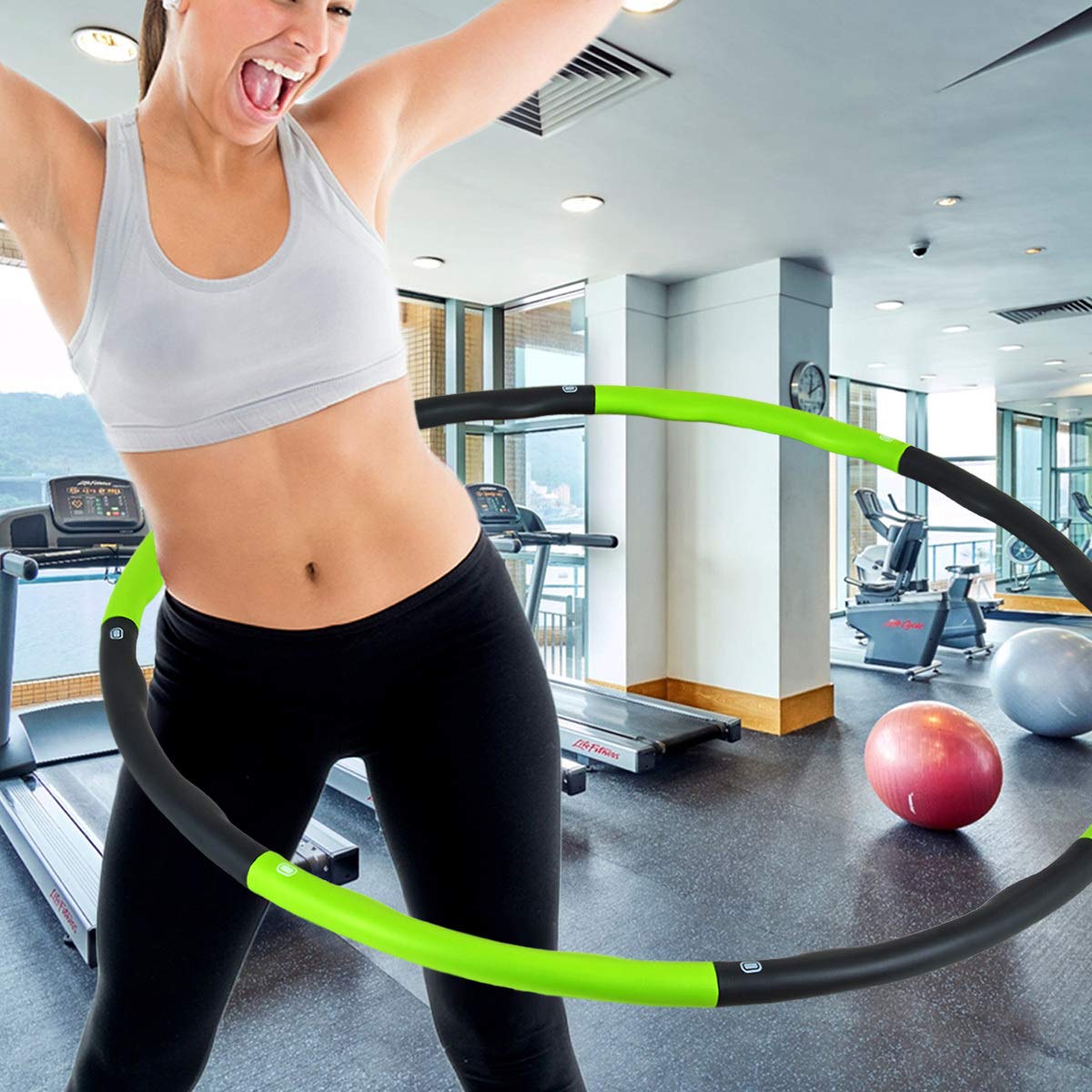Adult hula hoop with 95 cm diameter for advanced fitness and weight loss. Hoola hoops for weight reduction with 8 detachable parts in Green - Gray.