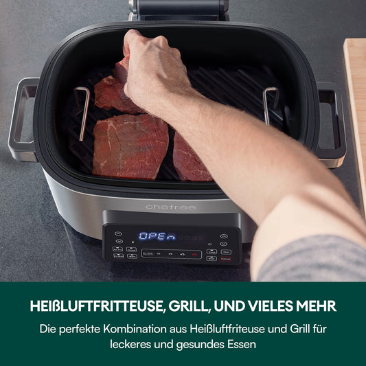 CHEFREE Health Grill and Air Fryer, 6L family size for 5-6 portions, intelligent 6-in-1 Smart XL Multicooker, Max 265℃, 4-stage air grill, 0 smoke, oil-free, Black/Gray, AFG01