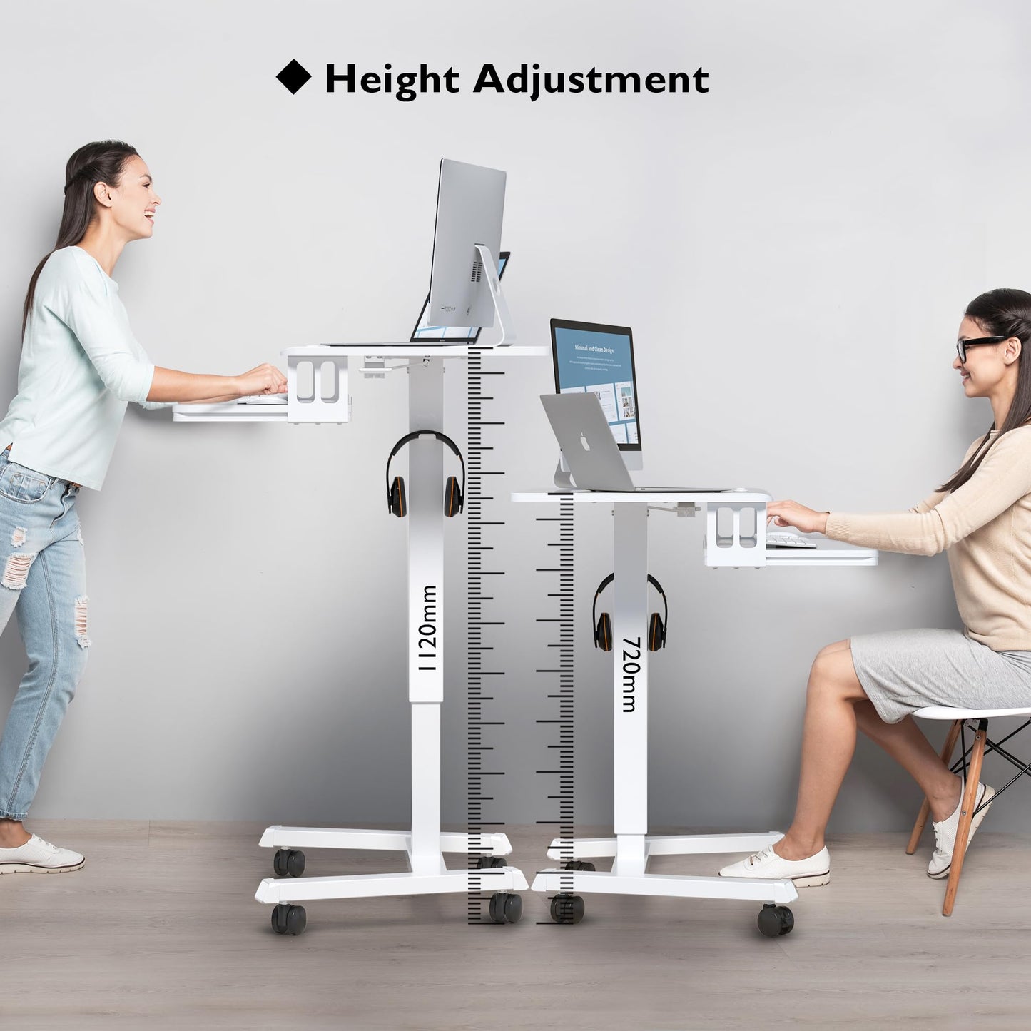 BONTEC Height Adjustable Desk with Keyboard Tray, Mobile Podium, Computer Workstation up to 15 kg, Laptop Sitting or Standing Desk on Wheels, Adjustable Standing Desk, White.