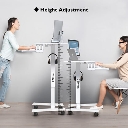 BONTEC Height Adjustable Desk with Keyboard Tray, Mobile Podium, Computer Workstation up to 15 kg, Laptop Sitting or Standing Desk on Wheels, Adjustable Standing Desk, White.