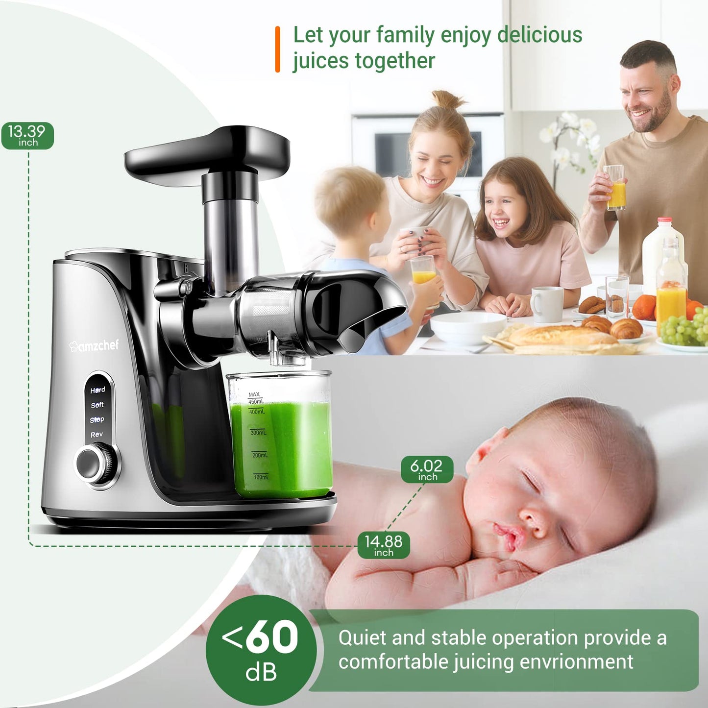 AMZCHEF Slow Juicer Vegetable and Fruit Juicer - 2 Speed Settings & High Juice Yield - Easy Disassembly with Reverse Function - Electric Juicer with Quiet Motor - Gray