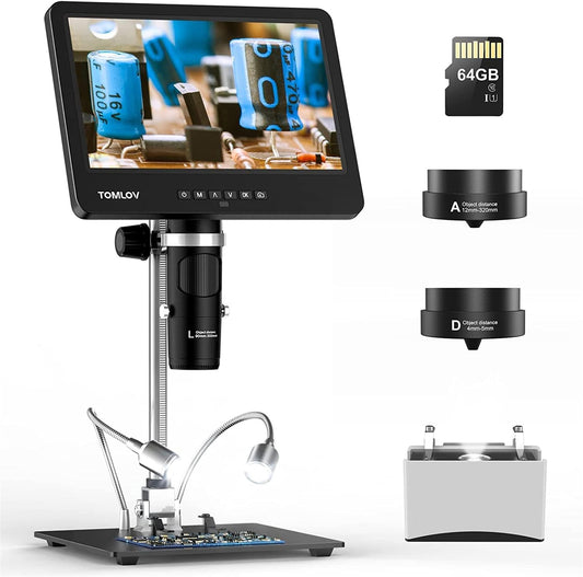 TOMLOV DM601 Triple Lens Digital Microscope, HDMI LCD Microscope with Screen, 7 Inch Soldering Microscope, Coin Loupe with Lights, Microscope with Slides, 10" Stand, 64GB, Windows/Mac Compatible