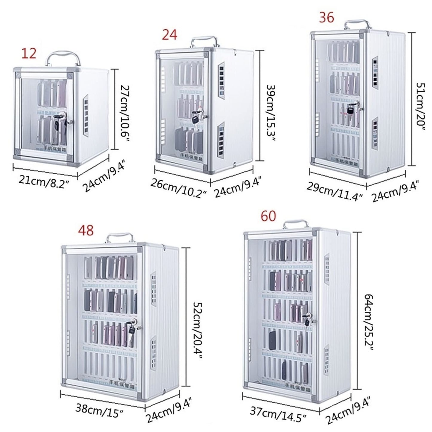 Mobile Safe Metal 12/24/36/48/60 Slots Mobile Transparent Door Lock Box Factory School Mobile Storage Cabinet (Color: 24)