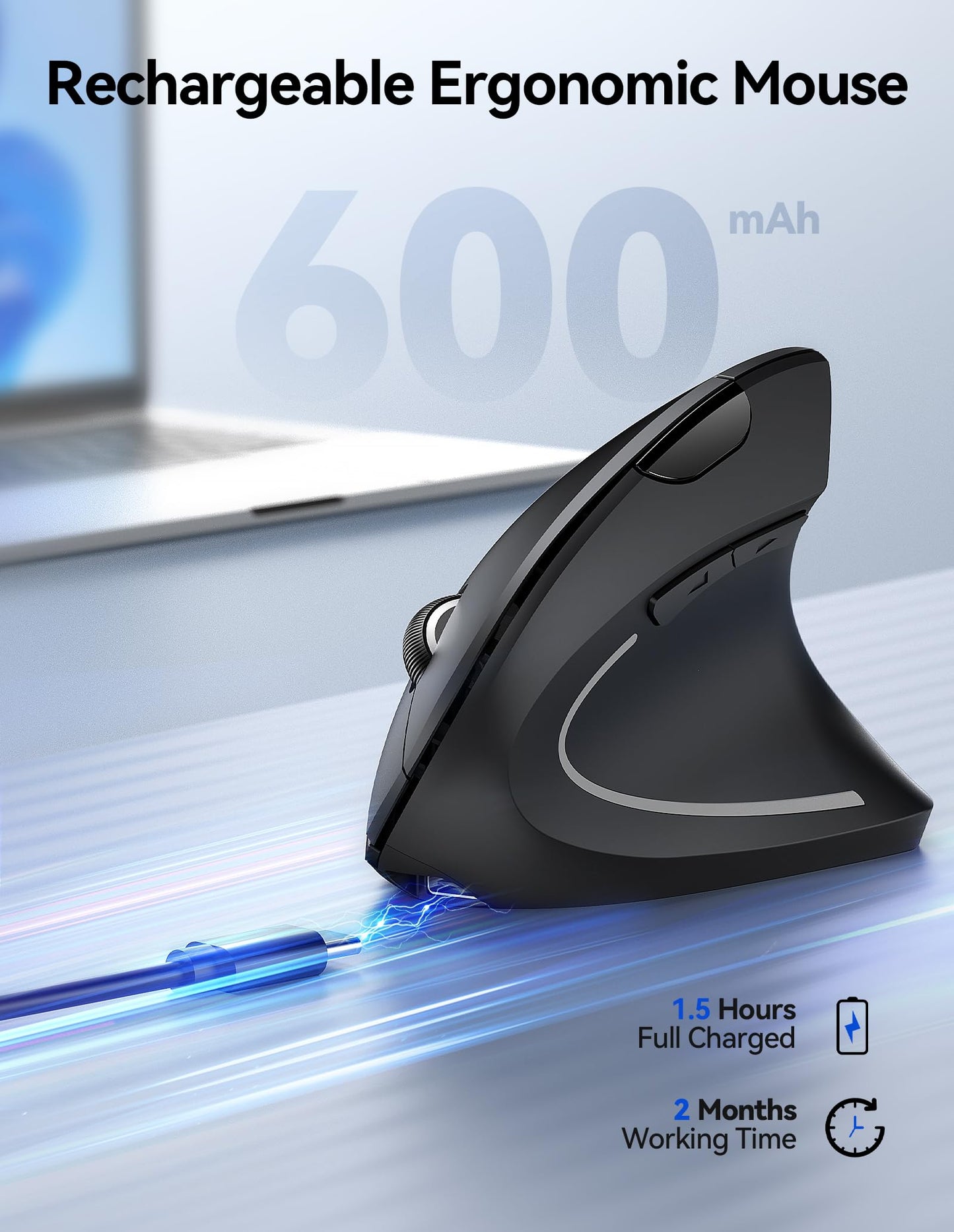 TECKNET Rechargeable Ergonomic Wireless Mouse, 2.4G Optical Vertical Mouse, 5 Adjustable Levels up to 4800DPI, Quiet Wireless Vertical Mouse with 6 Buttons for Laptop, PC, Windows, Mac OS