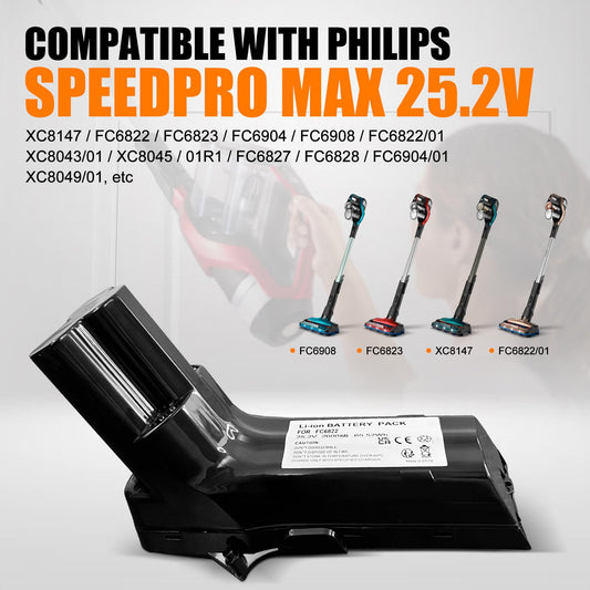 25.2V battery for Philips vacuum cleaners. Compatible with Philips SpeedPro Max Aqua, SpeedPro Max Stick, XC7042/01, XC8147, FC6822, FC6823, FC6904, FC6908, FC6822/01, XC8043/01, XC8045/01R1, FC6827, FC6828, FC6904/01, etc.