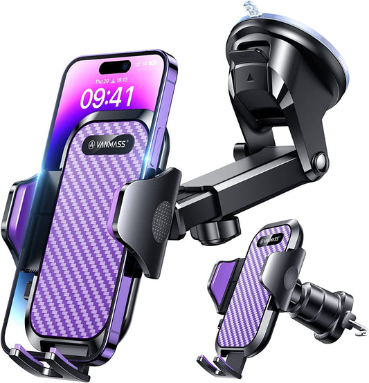 VANMASS Car Phone Holder 2025 Upgrade Suction Cup & Vent Hook 4 in 1 Phone Mount Military-Grade Protection Smartphone Holder on Windshield for iPhone 16 15 14 13 Pro Max Samsung, etc.